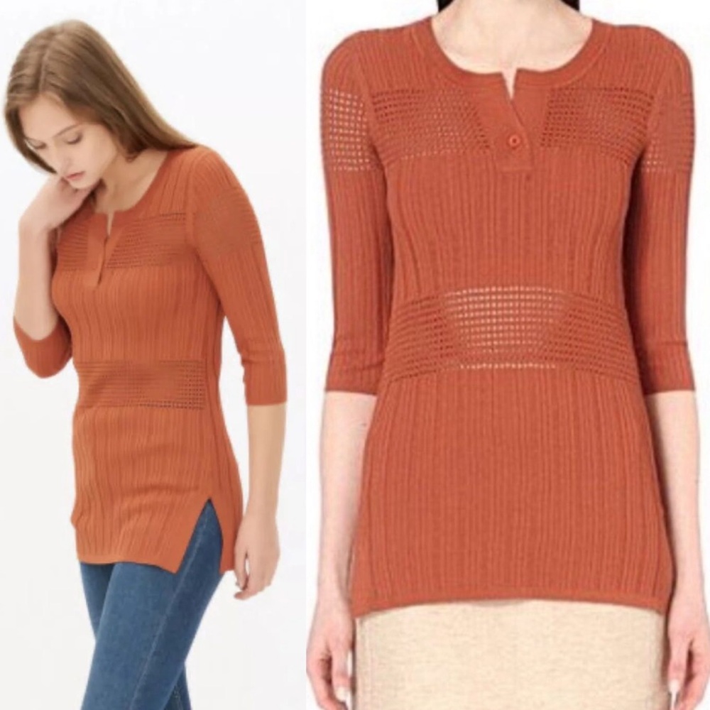 SANDRO PARIS Ribbed Knit Sweater Top sz 3, L RustTerracotta V-neck 3/4 Sleeves